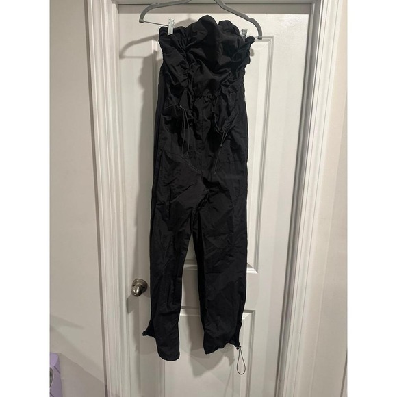 Black Strapless Jumpsuit Drawstring Waist & Ankle Casual Chic - Picture 1 of 2